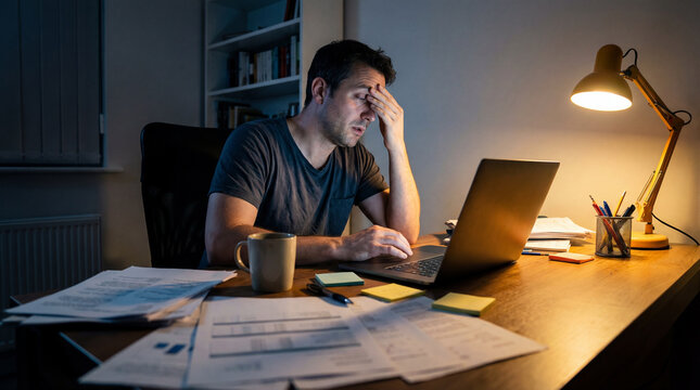 A stressed man working late at night at his desk, using a laptop in a dimly lit home office.
