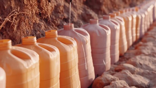 A row of plastic jerrycans is lined up along an earthen slope.