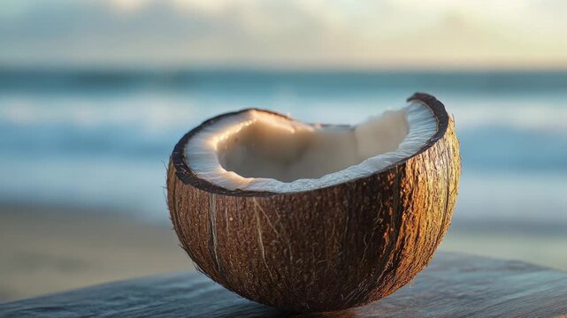 Half coconut sitting on a wooden table with a beautiful ocean beach background during golden hour