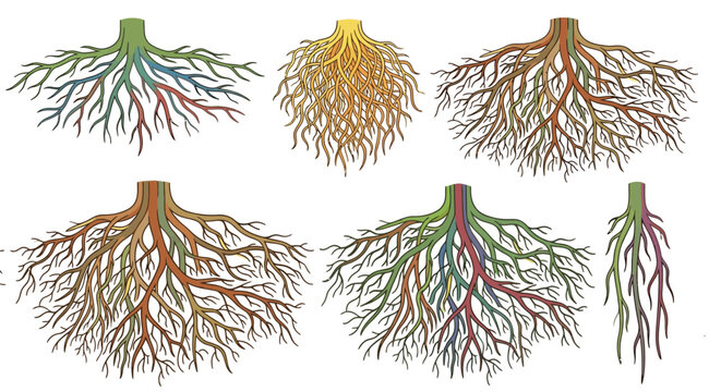 Colorful illustration depicting various plant root systems and structures