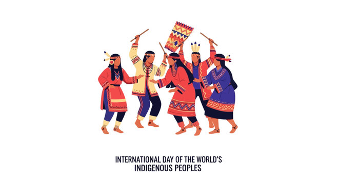 Group of indigenous people dancing in traditional clothing for celebration.