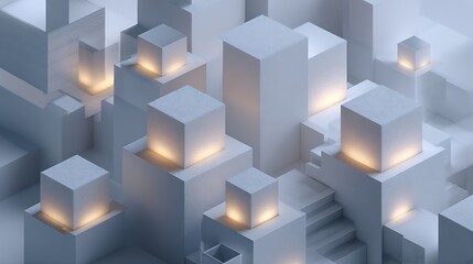 Obraz premium minimalist real estate tokenization scene, clean cube structures representing property assets