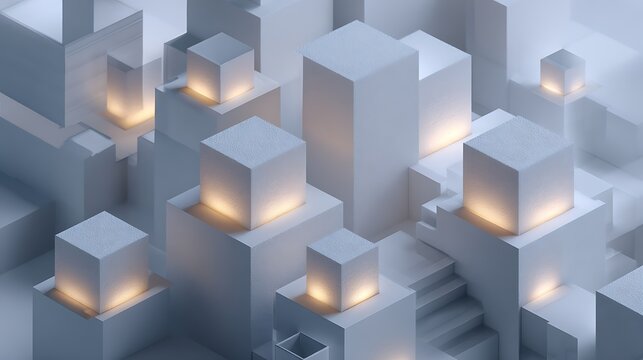 minimalist real estate tokenization scene, clean cube structures representing property assets