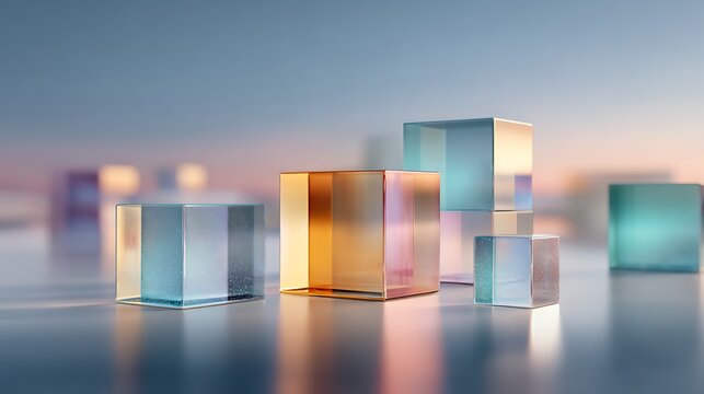 minimalist real estate tokenization scene, clean cube structures representing property assets