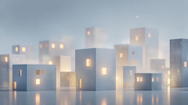minimalist real estate tokenization scene, clean cube structures representing property assets