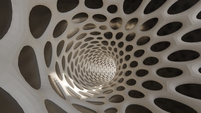Abstract 3D render of a futuristic organic tunnel featuring a white voronoi pattern with circular perforations, creating a dynamic sense of depth and motion