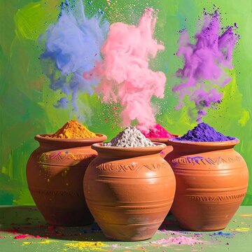 Vibrant colored powders erupting from terracotta pots