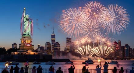 Naklejka premium Spectacular fireworks display over the statue of liberty and new york city skyline