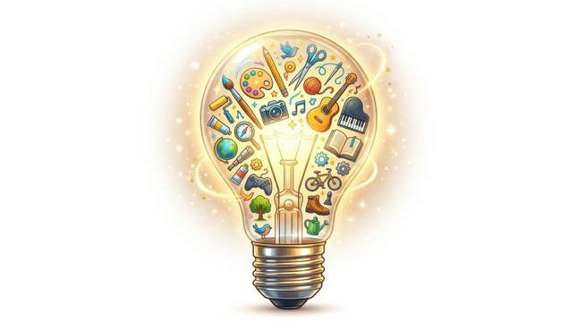 A light bulb displays bright symbols of art, music, sports, and nature, representing creativity