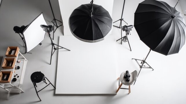 Modern photography studio setup with lighting equipment and props