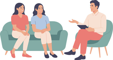 Fototapeta premium Psychologist consultation illustration, therapist talking with clients on sofa for mental health support