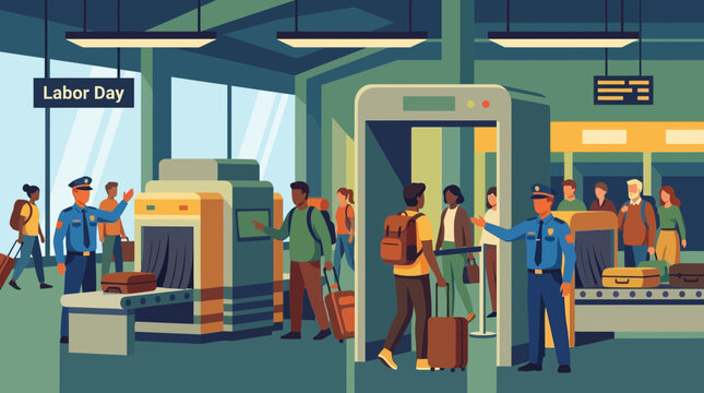 Airport security checkpoint with passengers during Labor Day travel