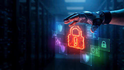 Obraz premium Hand Activating Security Protocol with Firewall Alert in Data Center Server Room