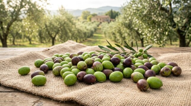 A Plump Mix of Fresh Green and Purple Manzanilla Olives Artfully Arranged on Burlap in an Italian Olive Grove