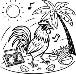 Naklejka premium Funny rooster coloring page, cool chicken with sunglasses on tropical beach, summer vacation rooster with boombox and palm tree vector illustration