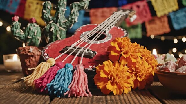 Decoraci&oacute;n de Cinco de Mayo con maraca, guitarra artesanal y flores de cempas&uacute;chil. Escena nocturna con papel picado y luces bokeh para marketing de eventos y cultura mexicana.