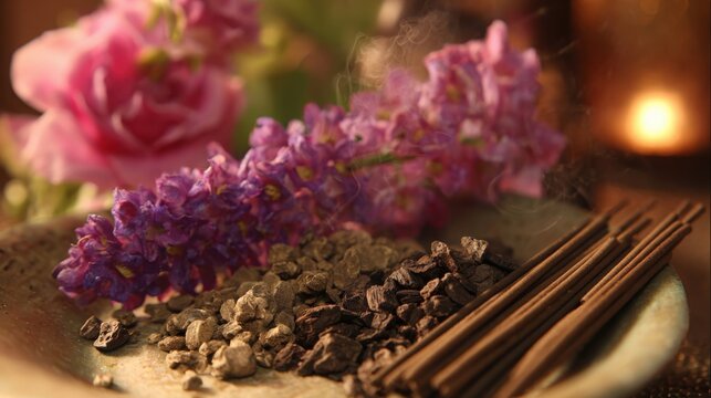 Assortment of fragrant oud wood chips and incense sticks with smoke and flowers