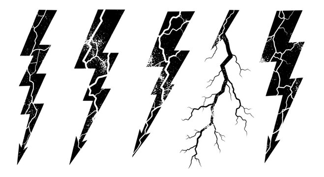 Lightning bolts set with cracked and grungy textures in black featuring texture, effects, collection with icons and symbols elements for electricity,