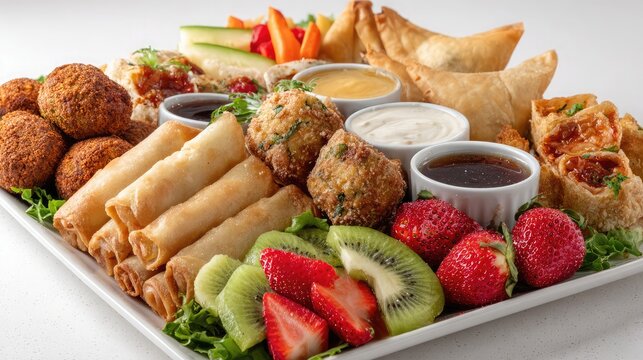 Assorted Appetizer Platter with Spring Rolls, Falafel, Fruits and Dips