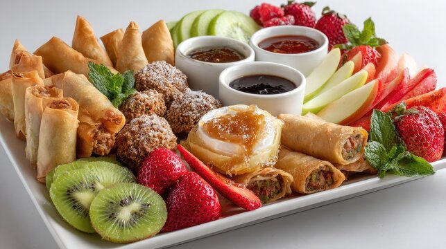 Assorted Appetizer Platter with Spring Rolls, Falafel, Fruits and Dips
