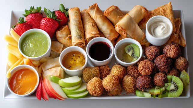 Assorted Appetizer Platter with Spring Rolls, Falafel, Fruits and Dips