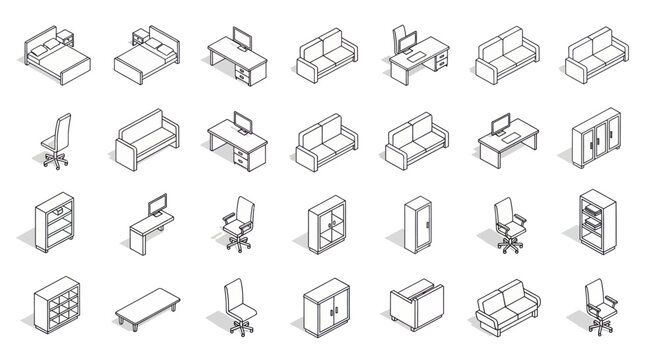 Isometric Furniture Line Icon Set &ndash; 30 Black Outline 3D Icons