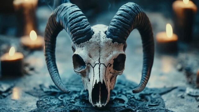 Ancient goat skull with horns on a stone altar with burning candles and mystical smoke