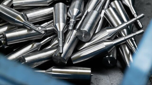 Precision-machined parts pile in container at manufacturing facility