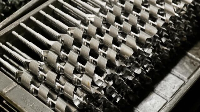 Precision auger drill bits sit organized in an industrial tray