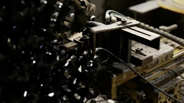 Automated machinery assembles black plastic components in a factory