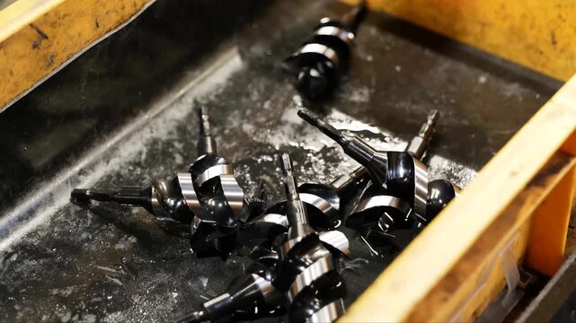 Finished steel auger bits organized in industrial storage containers