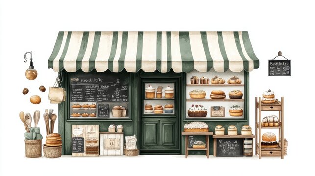 Bakery shop stall with bakery products, buying cake at a bakery store,baguette,cinnamon roll,bagel,croissant,home made fresh bread,Breakfast and cafe concept.