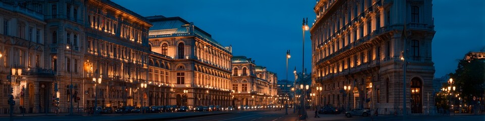 Fototapeta premium Grand city street bathed in twilight glow