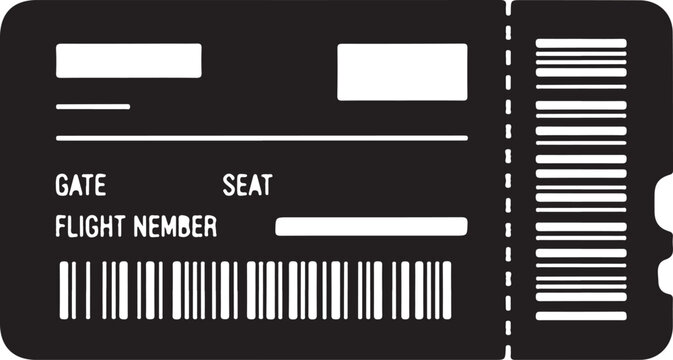 Black airplane ticket with white text and barcodes