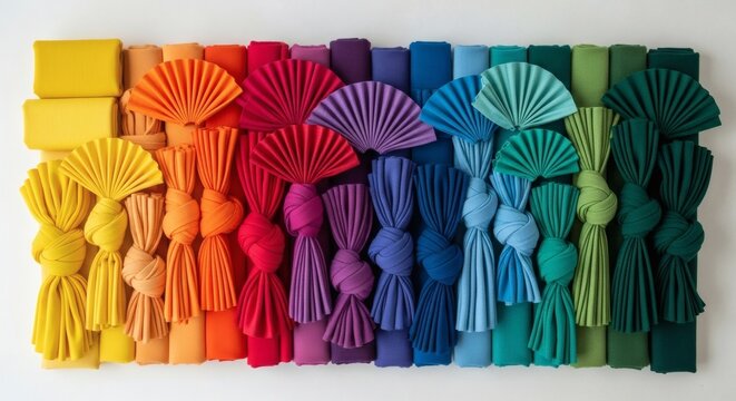 Vibrant textile tassels and fans in rainbow colors perfect for National Textile Day