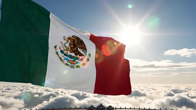 Bandera de M&eacute;xico ondeando majestuosamente sobre un mar de nubes con sol brillante; ideal para celebraciones del Cinco de Mayo, patriotismo mexicano y videos de viajes nacionales.