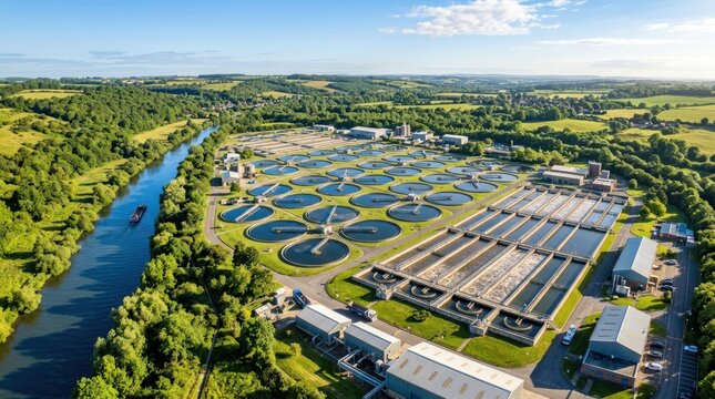 Aerial panorama of a vast water treatment facility with circular tanks and surrounding green landscape under a clear blue sky