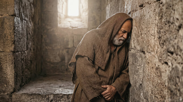A man in humble traditional burlap robes leaning his head against a rough stone wall in a dimly lit cell or monastery, concept for sorrow, prayer, or isolation, 3D illustration. 