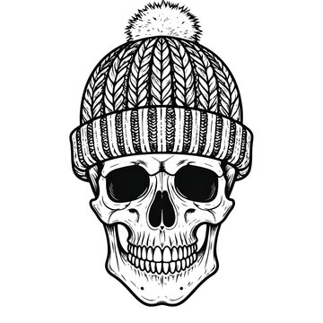 Intricate monochrome skull illustration, wearing a knitted beanie hat with a pom-pom on top, facing forward. Detailed linework