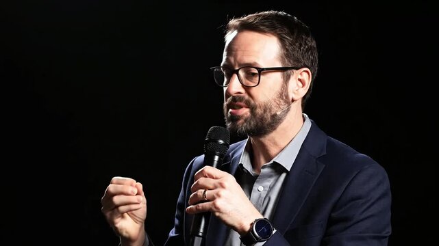 Confident man speaking into microphone.