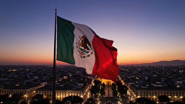 Bandera de M&eacute;xico ondeando al atardecer sobre la Catedral de Guadalajara, vista a&eacute;rea cinematogr&aacute;fica del centro hist&oacute;rico para turismo, patriotismo y festejos del Cinco de Mayo.