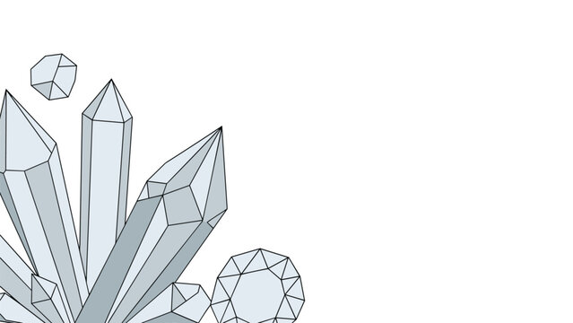 Geometric line art of various crystal formations and gemstones with light gray shading on a clean white background.