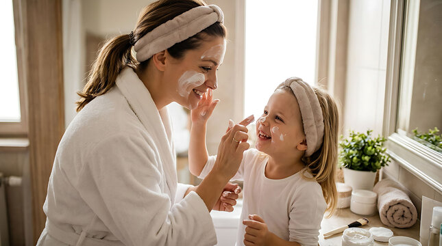 A mother and daughter wearing headbands, bond as they laughingly apply face cream together in a bright bathroom