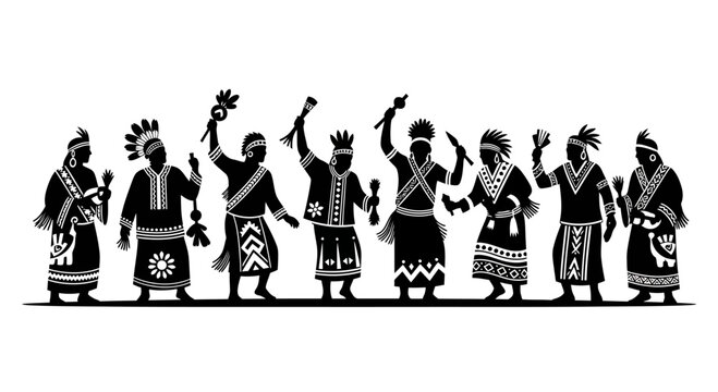 Silhouette illustration of indigenous people dancing in traditional cultural costumes.