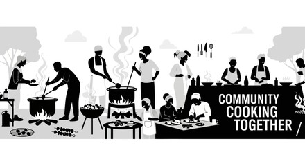 Fototapeta premium Diverse Group of People Preparing Food Together in Community Kitchen Silhouette Illustration.