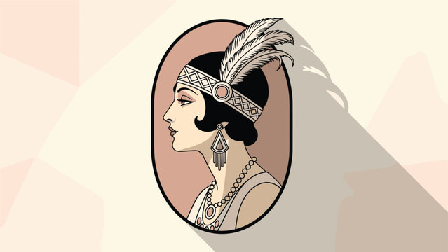Elegant flapper girl profile from the nineteen twenties in art deco style with headband, feathers, and vintage geometric jewelry.