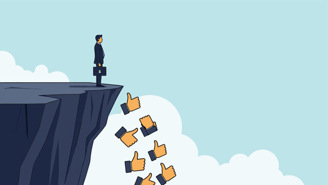 Social media validation and reputation risk concept showing a businessman on a cliff edge while likes and thumbs-up icons fall down.