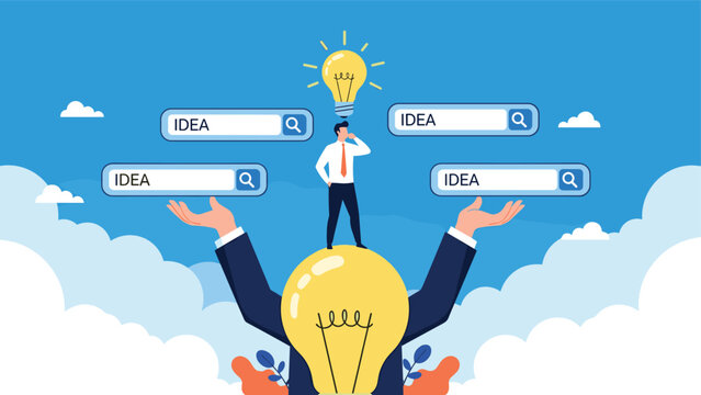 Strategic thinker standing on a giant light bulb and holding another while looking at multiple digital search bars for new ideas.