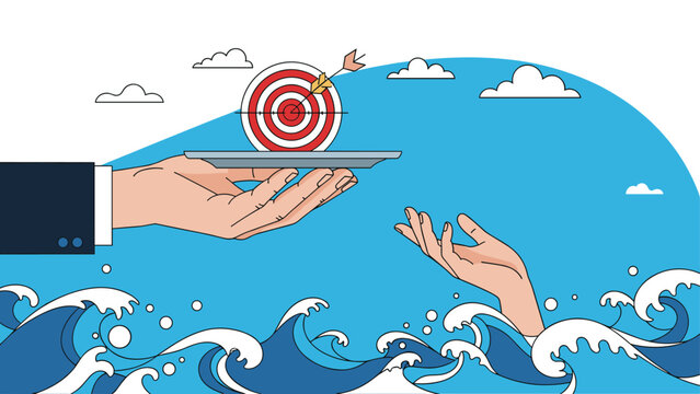 Large hand offering a target on a silver platter to a person struggling in the water for assistance and career direction.