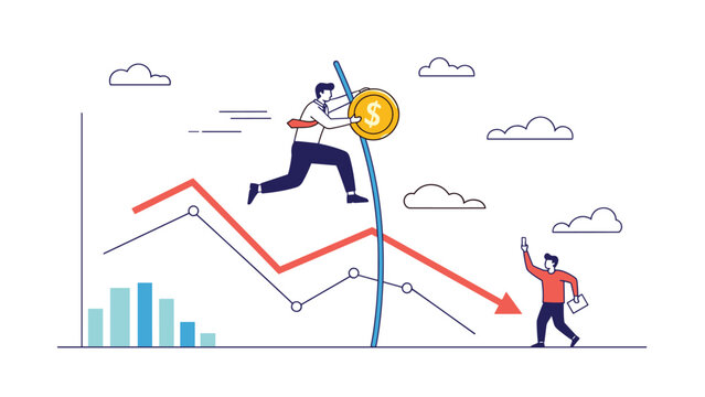 Innovative businessman using a dollar coin pole to vault over a declining line graph and avoid financial losses.